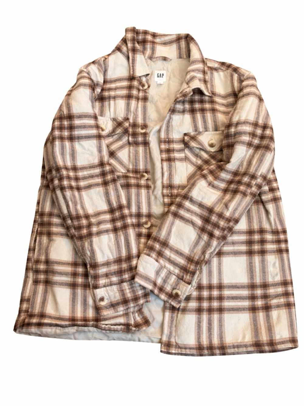 GAP Cream and Brown Plaid Button-Up Shirt Jacket